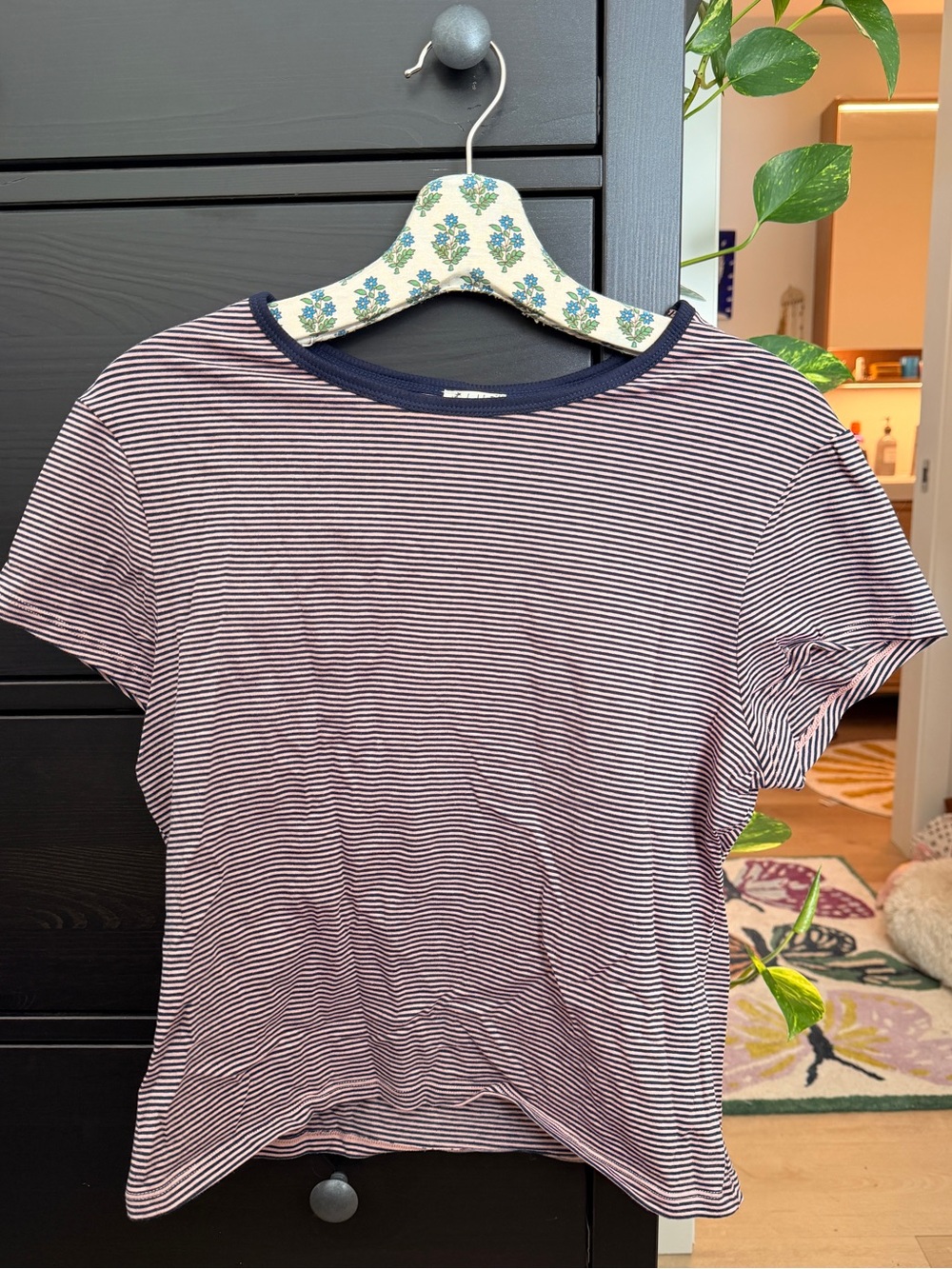 Free People Navy & White Striped Short Sleeve Tee